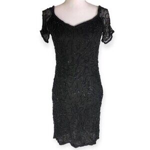 Sweelo Petite Vintage Black Short Sleeve Fully Beaded Silk Dress